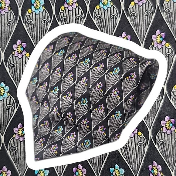 Faberge Long Tie Mens Blue Pink Floral Motif Silver No.00172 Silk 66.75" USA - Picture 1 of 6